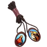 Scapulars Catholic Necklace with Brown Cord & Cherry Wooden I Sacred Heart of Jesus & Our Lady of Mount Carmel Medals I escapularios catolicos I Catholic Religious Necklace – Pack of 6