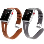 Kaome Leather Band Compatible for Apple Watch Band 40mm 38mm, Slim Elegant Strap, Women Replacement Bands for iWatch Series 5 Series 4 Series 3, Fashionable Feminine Breathable Slit Design-Brown, Grey