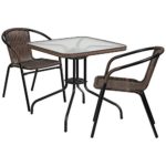 Flash Furniture 28” Square Glass Metal Table with Dark Brown Rattan Edging and 2 Dark Brown Rattan Stack Chairs