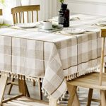Tablecloth, TEWENE Rectangle Table Cloth Cotton Linen Wrinkle Free Anti-Fading Checkered Tablecloths Washable Dust-Proof for Dining Kitchen (Rectangle/Oblong, 55”x102”,8-10 seats, White&Light Brown)