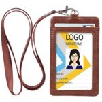 Leather ID Badge Holder, Vertical PU Leather ID Badge Holder with 1 Clear ID Window & 1 Credit Card Slot and a Detachable Neck Lanyard (Brown)