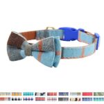 Bow Tie Dog Collar – Cute Plaid Sturdy Soft Cotton&Leather Dog Collars for Small Medium Large Dogs Breed Puppies Adjustable 18 Colors and 3 Sizes (L 15″-23″, Light Blue&Brown Plaid)