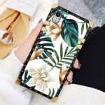 Square Case Compatible iPhone XR Green Leaves with White & Brown Flowers Luxury Elegant Soft TPU Shockproof Protective Metal Decoration Corner Back Cover Case iPhone XR Case 6.1 Inch