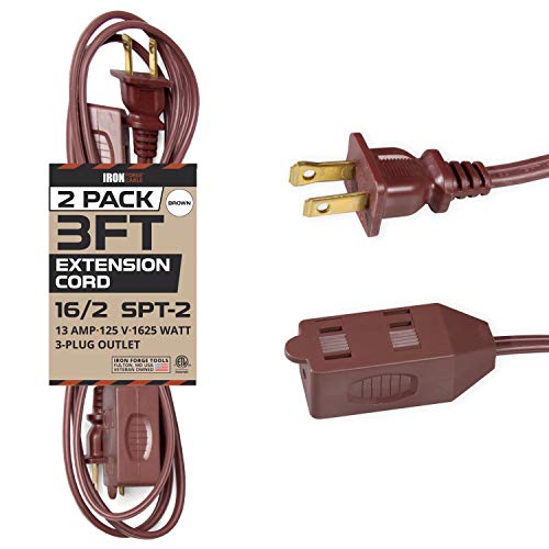 3 Ft Brown Extension Cord 2 Pack 16/2 Durable Electrical Cable
