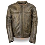 Men’s Distressed Brown Leather Scooter Jacket w/ Triple Stitch Detailing Motorcycle Jacket (Large)