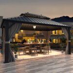 MELLCOM 10′ x 13′ Hardtop Gazebo,Galvanized Steel Metal Double Roof Aluminum Gazebo with Curtains and Netting, Brown Permanent Pavilion Gazebo with Aluminum Frame for Patios,Gardens,Lawns