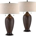 360 Lighting Cody Modern Industrial Rustic Table Lamps 26″ High Set of 2 Hammered Oiled Bronze Brown Oatmeal Linen Drum Shade for Living Room Bedroom House Bedside Nightstand Home Office