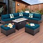 Outdoor Patio Dark Brown Rattan 10 Piece Sectional Furniture Set PE Wicker Conversation Sofa with 45″ Gas Fire Pit Table and Non-Slip 5″ Thick Peacock Blue Cushion