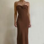 Sdencin Women Sexy Twist Knot Front Ribbed Knit Bodycon Bandeau Tube Dress Casual Solid Strapless Maxi Long Dress (S US Women, Brown)