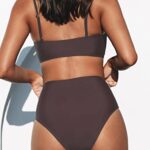 CUPSHE Women’s Bikini Sets Two Piece Swimsuit High Waisted V Neck Twist Front Adjustable Spaghetti Straps Bathing Suit, M Brown