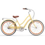sixthreezero EVRYjourney Women’s 7-Speed Step-Through Hybrid Cruiser Bicycle, 26″ Wheels with 17.5″ Frame, Cream with Brown Seat and Grips, Model:630034
