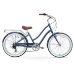 sixthreezero EVRYjourney Women’s 7-Speed Step-Through Hybrid Cruiser Bicycle, 26″ Wheels and 17.5″ Frame, Navy with Brown Seat and Grips (630035)