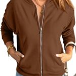 GeGekoko Womens Zip Up Jackets Loose Casual Long Sleeve Sweatshirts with Pockets Brown