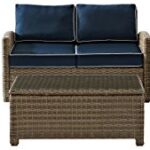 Crosley Furniture KO70024WB-NV Bradenton Outdoor Wicker 4-Piece Seating Set (Loveseat, 2 Arm Chairs, Coffee Table), Weathered Brown with Navy Cushions