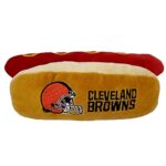 Pets First NFL Cleveland Browns HOT Dog Plush Dog & CAT Squeak Toy – Cutest HOT-Dog Snack Plush Toy for Dogs & Cats with Inner Squeaker & Beautiful Football Team Name/Logo