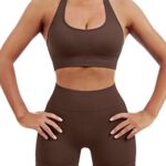 SUUKSESS Women Two Piece Seamless Ribbed Workout Sets Outfits Backless Halter Sports Bra Booty Biker Shorts (Dark Brown, XS)