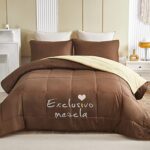 Exclusivo Mezcla Lightweight Reversible 3-Piece Comforter Set All Seasons, Down Alternative Comforter with 2 Pillow Shams, Queen Size, Brown/Khaki