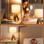 EDISHINE Table Lamp with Light Brown Wooden Tripod, Linen Beige Lampshade, 14.2 Inch Nightstand Lamp, E26 Socket, Bedside Table Lamp for Nursery, Bedroom, Office, Kid Room, Living Room