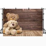 Riyidecor Wooden Board Bear Baby Shower Backdrop Children Happy Warm Cuddle Cute Lovely Brown Bear Dolls Plush Friends Party 7Wx5H Feet Photography Background Birthday Event Photo Studio Shoot