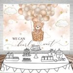 Mocsicka Brown Bear Hot Air Balloon Backdrop Boy Bear Balloons Baby Shower Background We Can Bearly Wait Baby Shower Party Cake Table Decoration Photo Booth Props (7x5ft)
