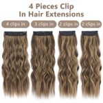 ALXNAN Clip in Long Wavy Synthetic Hair Extension 20 Inch Brown Mixed Caramel Blonde 4PCS Thick Hairpieces Fiber Double Weft Hair for Women