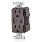 Leviton T5633-B 15-Amp Type A & Type-C USB Charger/Tamper Resistant Outlet, Not for Laptops, Brown
