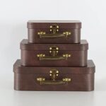 Paperboard Suitcases Set of 3, Brown Leather – Vintage Cardboard Suitcase Decor, Nesting Luggage Decorative Mache Boxes with Hinged Lids and Brass Handle, Mini Suitcases for Centerpieces, Photo Props