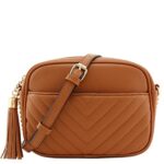 FashionPuzzle Chevron Quilted Crossbody Camera Bag with Chain Strap and Tassel (Tan)