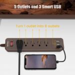SUPERDANNY USB Surge Protector Power Strip Mountable Extension Cord Fire Proof Multiple Protection 5 Outlet 3 USB Port with Hook & Loop Fastener for iPhone iPad PC Home Office Travel Brown