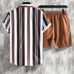 OYOANGLE Men’s 2 Piece Outfits Short Sleeve Striped Button Down Shirt and Shorts Sets White Black Brown M