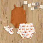 Easisim 3pcs Newborn Baby Girls Shorts Set Cotton Sleeveless Romper Jumpsuit Bodysuit +Pants Shorts+Headband Outfit Set (Brown, 12-18 Months)