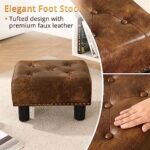 LUE BONA Small Tufted Foot Stool, Yellowish Brown Rivet Faux Leather Footrest with Plastic Legs, 9”H, Rectangle Foot Stools for Adult with Non-Slip Pads, Sofa Footstool for Living Room, Couch