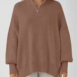 ANRABESS Women’s 2023 Fall Oversized Sweater Quarter Zipper Long Sleeve Collar Drop Shoulder Half Zip Casual Slouchy Ribbed Knit Slit Side Sweatshirt Pullover Top 566doukou-S Brown