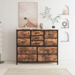 Finnhomy 11 Drawers Dresser for Bedroom, Wide Dressers & Chests of Drawers with Wood Top, Fabric Storage Dresser TV Stand for Bedroom/ Living Room/ Entry/ Closet, 39.4″W x 11.8″D x 32.3″H Rustic Brown