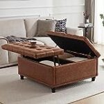 Tbfit Large Square Storage Ottoman Bench, Tufted Upholstered Coffee Table Ottoman with Storage, Oversized Ottomans Toy Box for Living Room?Brown