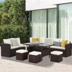 Odoor Direct Patio Furniture Set, 7 Piece Wicker Outdoor Patio Furniture with Water-Resistant Cushion, Modern Patio Conversation Set with Dining Table for Balcony Backyard Front Porch, Brown