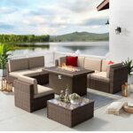 Aoxun 8PCS Patio Furniture Set with 43″ Fire Pit Table Outdoor Sectional Sofa Set Wicker Furniture Set with Coffee Table, Brown Wicker