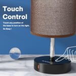 Bedside Lamp Touch Control Table Lamp with USB C + A Charging Port & 2AC Outlet 3-Way Dimmable Bedside Nightstand Lamp with Round Flaxen Fabric Shade for Living Room, Bedroom Dorm, Home Office Decor