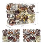 Alupssuc 128pcs Christmas Balls Ornaments Set, Shatterproof Plastic Baubles Christmas Flowers, Ribbon Tree Topper for Xmas Tree Holiday Party Decorations with Hanging Strings, Champagne and Brown