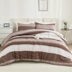 Litanika Brown Comforter Set Queen – 3 Pieces Lightweight Brown White Colorblock Stripe Fluffy Bedding Comforter Sets, All Season Bed Set