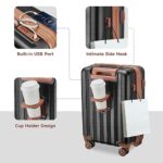 imiomo Luggage Sets 4 Piece Expandable Luggage Set,Hardside Carry on Suitcase with USB Port Cup Holder,Travel Luggage Suitcase with Spinner Wheels TSA Lock,Black Brown