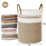 UBBCARE 58L Cotton Laundry Basket, Large Woven Rope Laundry Basket with Leather Handles, Dirty Clothes Hamper for Blankets, Toys, Living Room, Bedroom, Brown & White