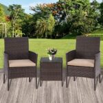 SOLAURA Outdoor 3-Piece Furniture Brown Wicker Patio Bistro Set Conversation Chairs & Glass-top Coffee Table Set (Brown Cushion)