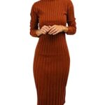 MEROKEETY Women’s 2023 Ribbed Long Sleeve Sweater Dress High Neck Slim Fit Knitted Midi Dress, Caramel, L