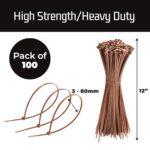 Bolt Dropper Zip Ties Pack of 100-12” Brown Heavy Duty Cable Ties – 40lb Strength Self-Locking Nylon Wire Ties – Weather-Resistant Zip Tie for Cable Management and Securing Various Items