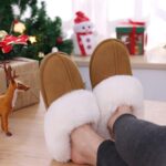 Litfun Fuzzy House Slippers for Women Fluffy Memory Foam Suede Slippers with Faux Fur Collar Indoor Outdoor, Brown, Size 9.5-10