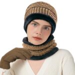 Winter Beanie Hat Circle Scarves Touchscreen Gloves Set, Warm Thick Fleece Lined Skull Cap Gloves Neck Warmer for Men Women, Brown