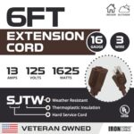 Iron Forge Cable Brown Extension Cord 6 Ft – 16/3 SJTW Weatherproof Outdoor Extension Cord 6 Foot 3 Prong Grounded, Heavy Duty Wire 13 AMP for Outside, Garden, Lawn, Light Decoration