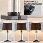 Glass Lamps for Bedrooms Set of 2, 24” Bedside Lamps with USB A and C Ports and Outlet, 3 Way Dimmable Nightstand Lamps with Black Fabric Lampshade, Touch Table Lamp for Living Room Bedroom Office