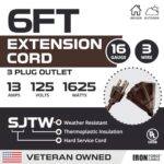 Iron Forge Cable 6 Ft Brown Extension Cord with 3 Outlets – 16/3 SJTW Weatherproof Outdoor Extension Cord with Multiple Outlets 6 Foot 3 Prong Heavy Duty Wire 13 AMP for Garden, Lawn, Light Decoration